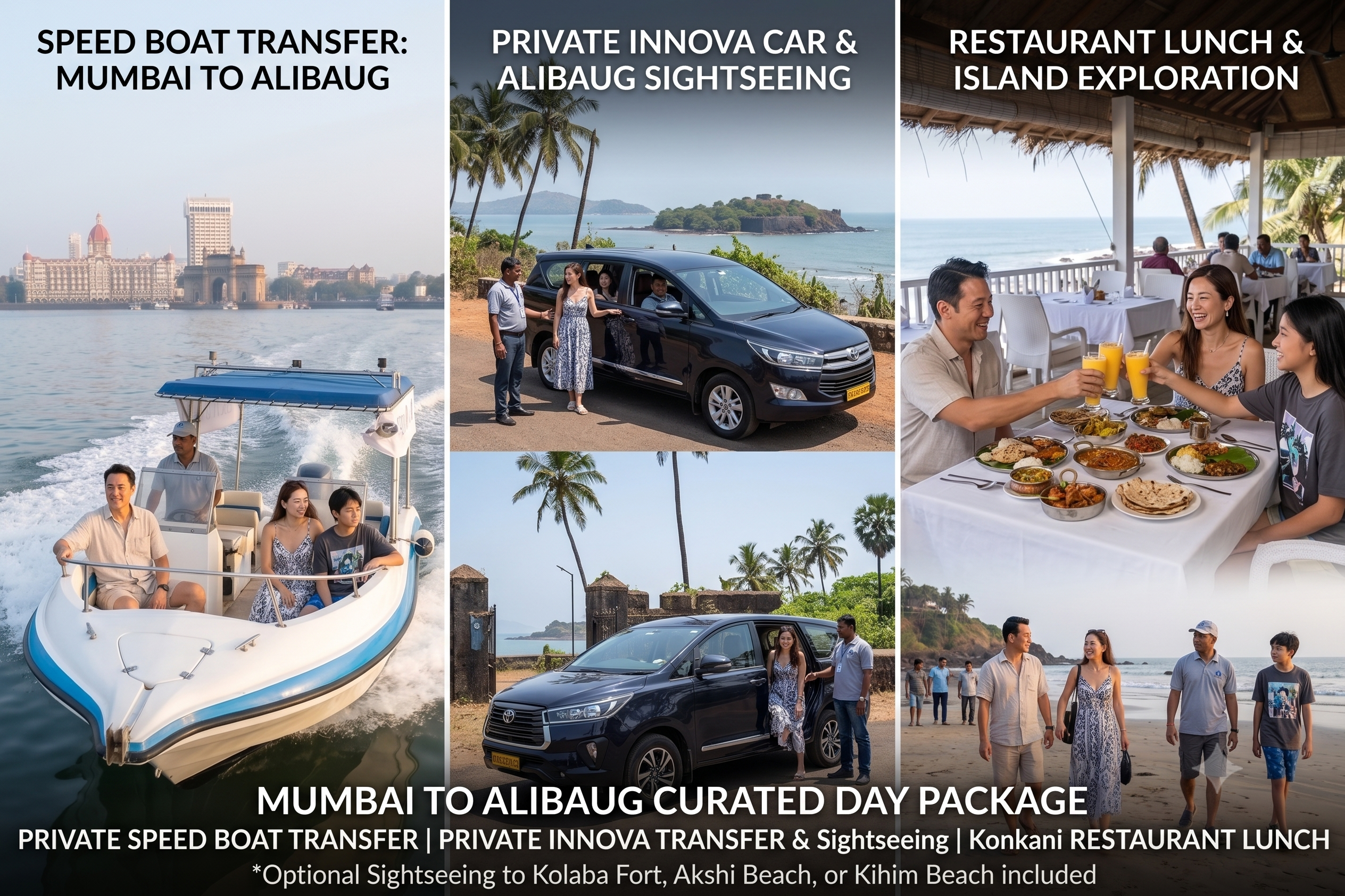 Luxury Speedboat gliding through clear blue coastal waters of Mandwa beach